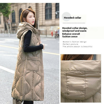 Womens Long Puffer Vest Zip Up Sleeveless Hooded Down Coat
