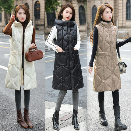 Womens Long Puffer Vest Zip Up Sleeveless Hooded Down Coat