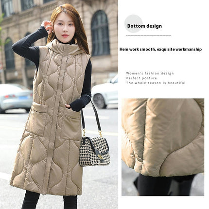 Womens Long Puffer Vest Zip Up Sleeveless Hooded Down Coat