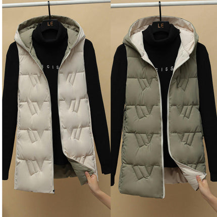 Women's Puffer Vest Winter Quilted Hooded Sleeveless Zip Up Long Jacket Vest Gilet