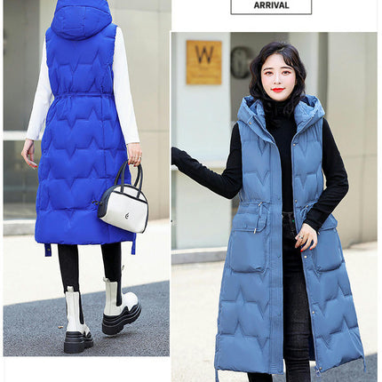 Women Quilted Sleeveless Jacket Vest Hooded Thick Long Coat Winter Warm Outwear