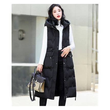 Women Quilted Sleeveless Jacket Vest Hooded Thick Long Coat Winter Warm Outwear