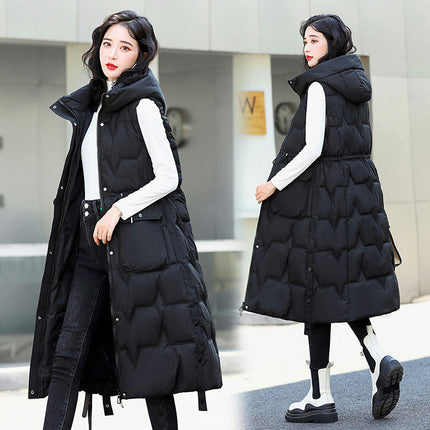Women Quilted Sleeveless Jacket Vest Hooded Thick Long Coat Winter Warm Outwear