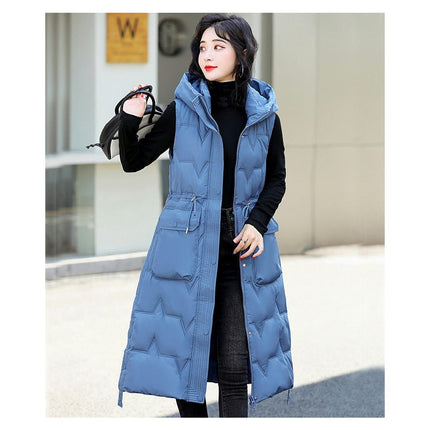Women Quilted Sleeveless Jacket Vest Hooded Thick Long Coat Winter Warm Outwear