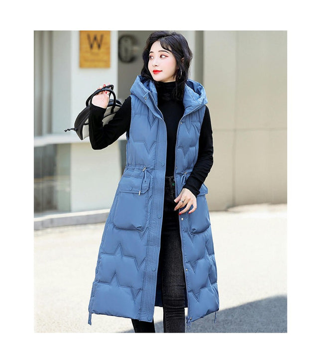Women Quilted Sleeveless Jacket Vest Hooded Thick Long Coat Winter Warm Outwear