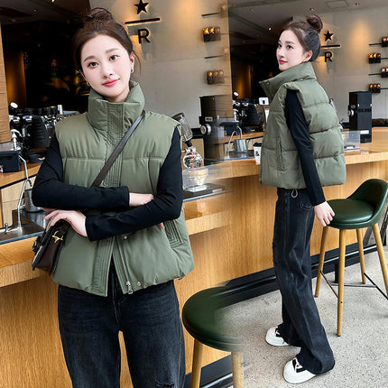 Women's Winter Crop Puffer Vest Sleeveless Stand Collar Jacket Outwear Coat