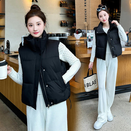 Women's Winter Crop Puffer Vest Sleeveless Stand Collar Jacket Outwear Coat