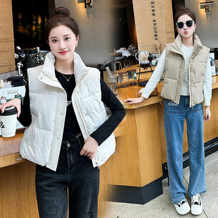 Women's Winter Crop Puffer Vest Sleeveless Stand Collar Jacket Outwear Coat