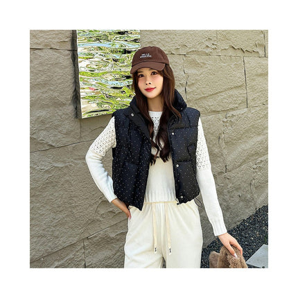 Women's Winter Crop Puffer Vest Stand Collar Zip Up Sleeveless Gilet Jacket
