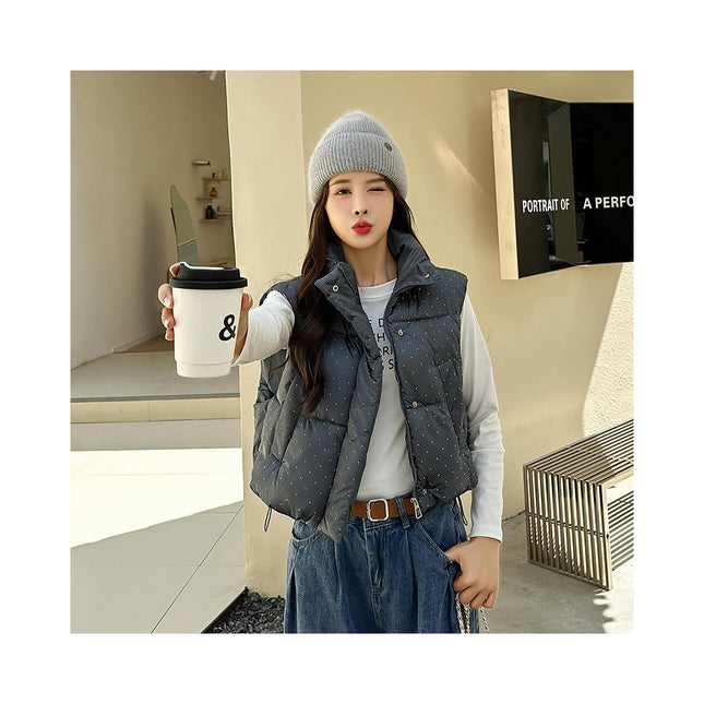 Women's Winter Crop Puffer Vest Stand Collar Zip Up Sleeveless Gilet Jacket