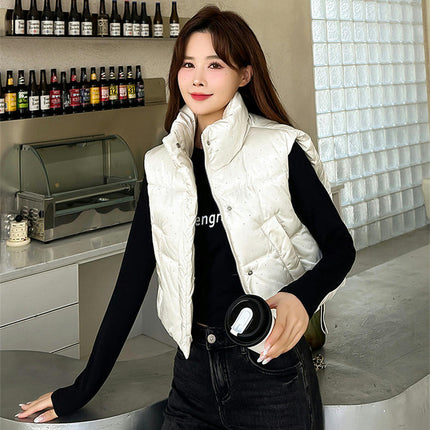 Women's Winter Crop Puffer Vest Stand Collar Zip Up Sleeveless Gilet Jacket