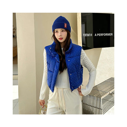 Women's Winter Crop Puffer Vest Stand Collar Zip Up Sleeveless Gilet Jacket