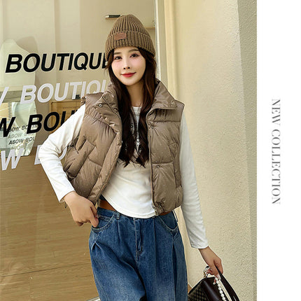 Women's Winter Crop Puffer Vest Stand Collar Zip Up Sleeveless Gilet Jacket