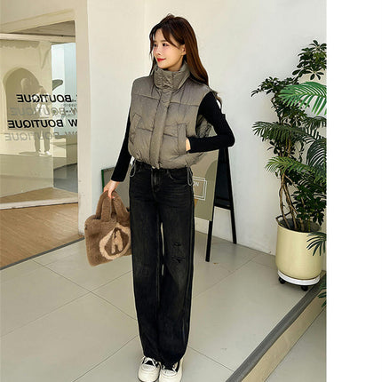 Women's Winter Crop Puffer Vest Stand Collar Zip Up Sleeveless Gilet Jacket