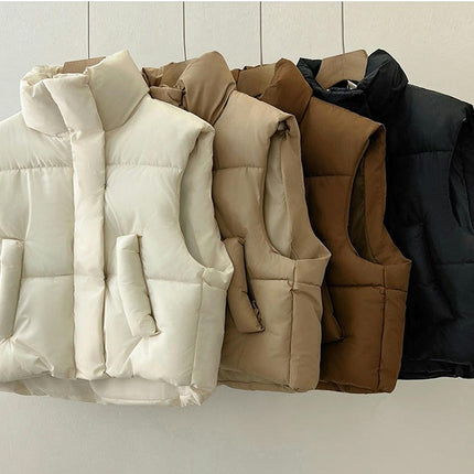Women's Down Vest Puffer Stand Collar Zip Up Crop Sleeveless Jacket