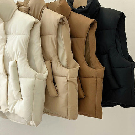 Women's Down Vest Puffer Stand Collar Zip Up Crop Sleeveless Jacket