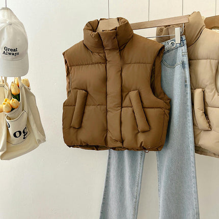Women's Down Vest Puffer Stand Collar Zip Up Crop Sleeveless Jacket