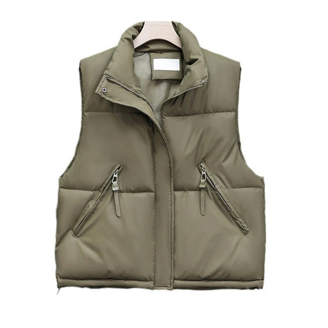 Cropped Puffer Sleeveless Vest for Women Zipper Stand Collar Jacket Coat