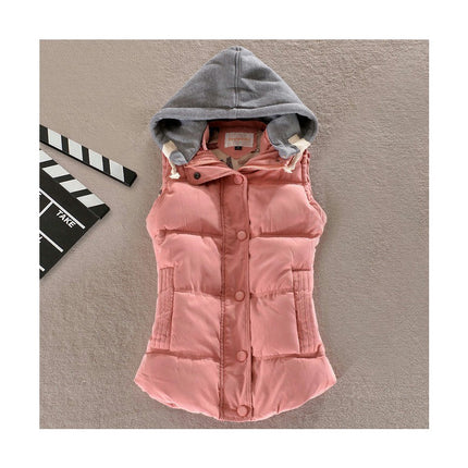 Women's Slim Sleeveless Quilted Removable Hooded Puffer Winter Vest Coat