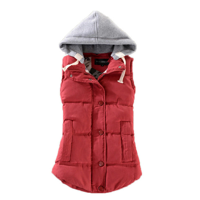Women's Slim Sleeveless Quilted Removable Hooded Puffer Winter Vest Coat