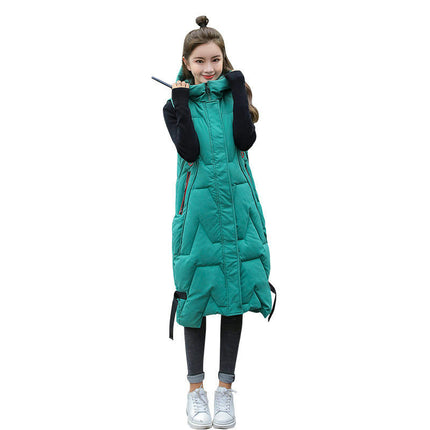 Womens Long Puffer Vest Full-Zip Hooded Sleeveless Down Jacket Coats with Pockets