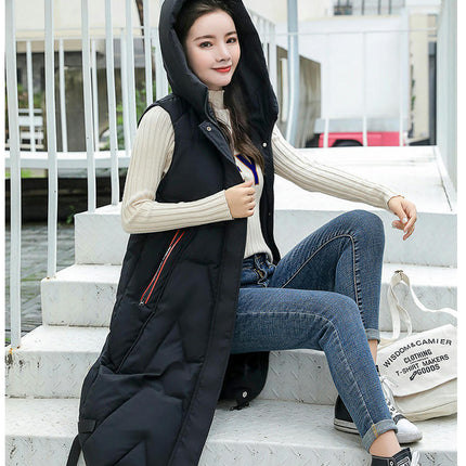 Womens Long Puffer Vest Full-Zip Hooded Sleeveless Down Jacket Coats with Pockets