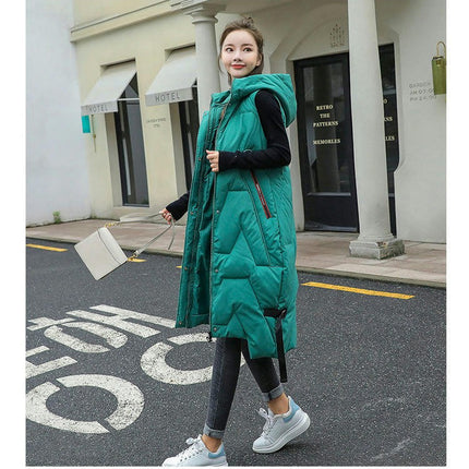 Womens Long Puffer Vest Full-Zip Hooded Sleeveless Down Jacket Coats with Pockets