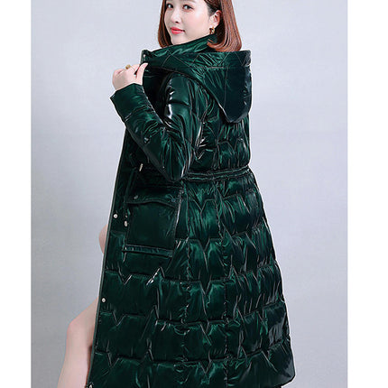 Women's Long Winter Drawstring Coat Puffer Warm Jacket with Hood
