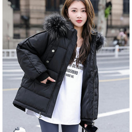Women's Winter Coat Padded Puffer Short Jacket with Faux Fur Hood