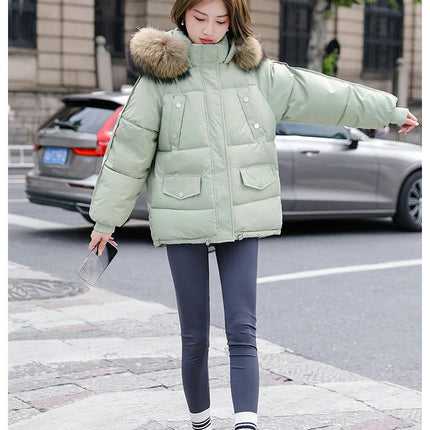Women's Winter Coat Padded Puffer Short Jacket with Faux Fur Hood