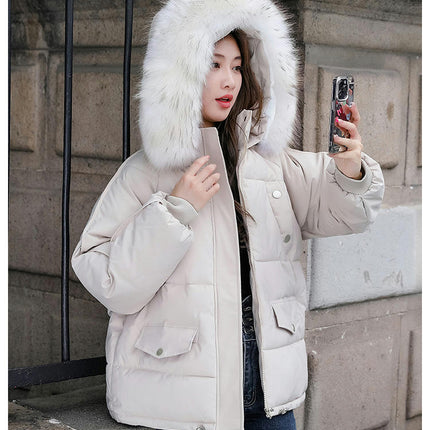 Women's Winter Coat Padded Puffer Short Jacket with Faux Fur Hood