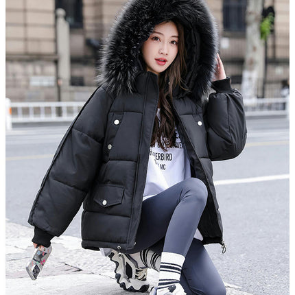 Women's Winter Coat Padded Puffer Short Jacket with Faux Fur Hood