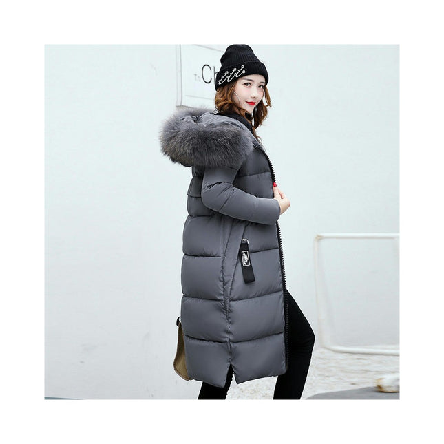 Women Long Quilted Coat with Faux Fur Hood Winter Padded Puffer Jacket Outwear