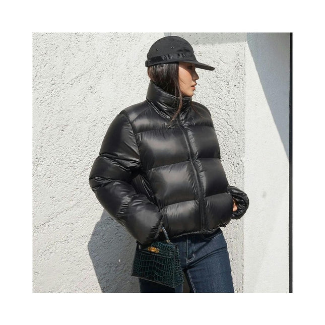 Womens Cropped Long Sleeve Puffer Jacket Stand Collar Winter Padded Down Coat