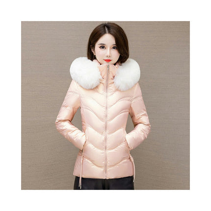 Women's Winter Quilted Puffer Jacket Short Coat with Faux Fur Hood