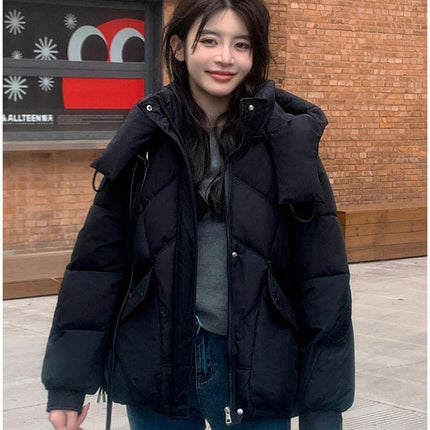 Women's Winter Cropped Hooded Puffer Jacket Long Sleeve Zip Up Coat