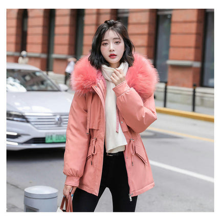 Women's Winter Coat Warm Fleece Line Short Parka Jacket with Faux Fur Hood