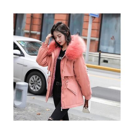 Women's Winter Coat Warm Fleece Line Short Parka Jacket with Faux Fur Hood
