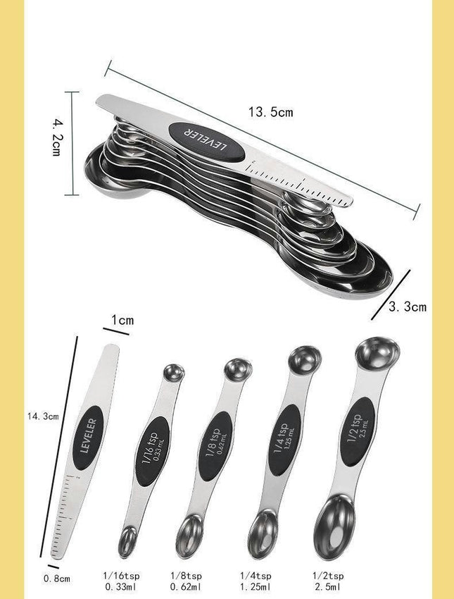 Magnetic Measuring Spoons Set Stainless Steel Dual Sided Including Leveler for Liquid Dry Food for Home