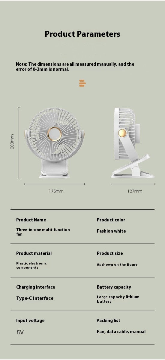 USB Clip Fan - Dormitory 3-speed Hanging Stand Fan Bedroom Circulation Shaking Head Fan