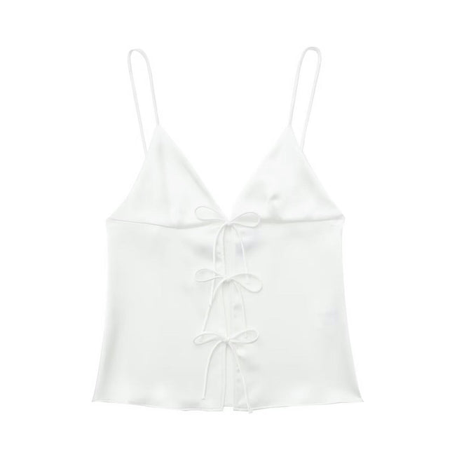 Women Summer Satin Spaghetti Strap Tank Top Sleeveless Bow Top