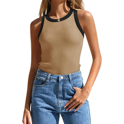 Women's Summer Tank Top Ribbed Knit Scoop Neck Sleeveless Color Block Slim Fitted Tops