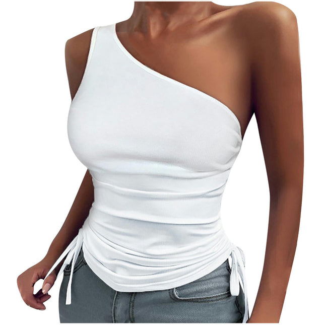 Women's One Shoulder Sleeveless Tank Top Drawstring Slim Tops