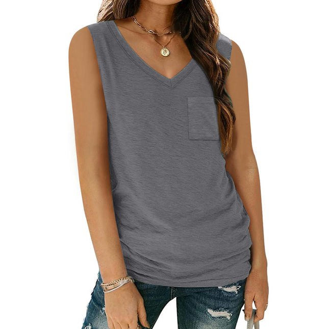 Women V Neck Tank Top Casual Loose Sleeveless Top with Pocket