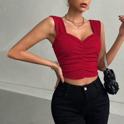 Women's Sleeveless Slim Crop Tank Top Pleated Sweetheart Neck Tops
