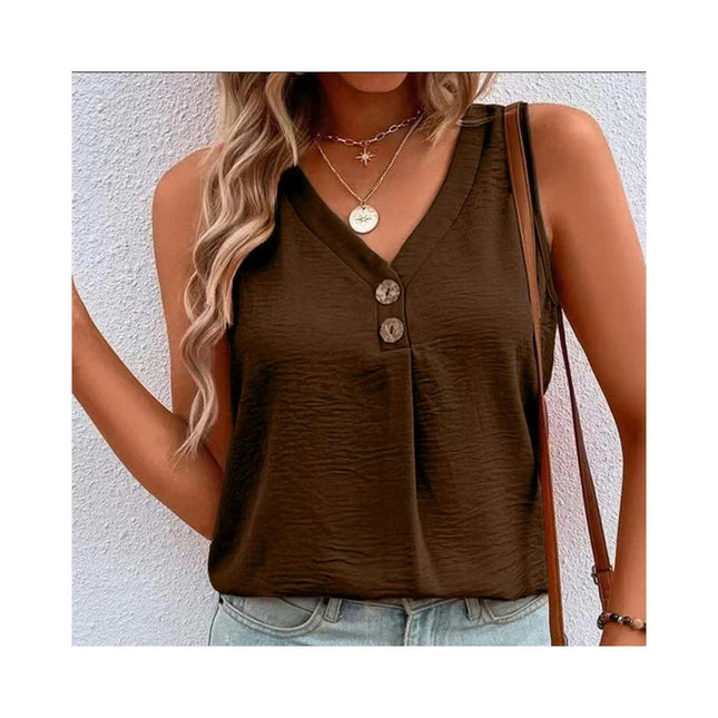 Women's Sleeveless V Neck Button Down Blouses Casual Loose Tank Tops