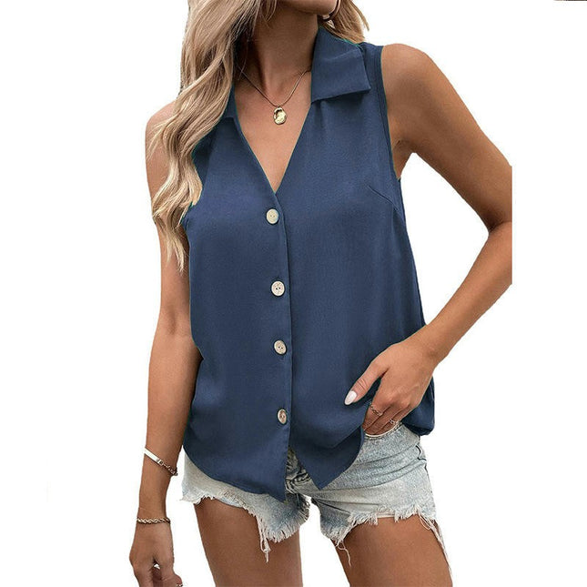Women Summer Chiffon V Neck Button Down Tank Top Casual Sleeveless Top