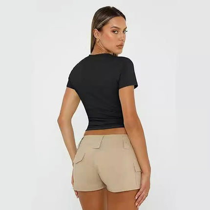 Womens Basic T-Shirts Scoop Neck Short Sleeve Crop Tops Summer Slim Fit Tees 1
