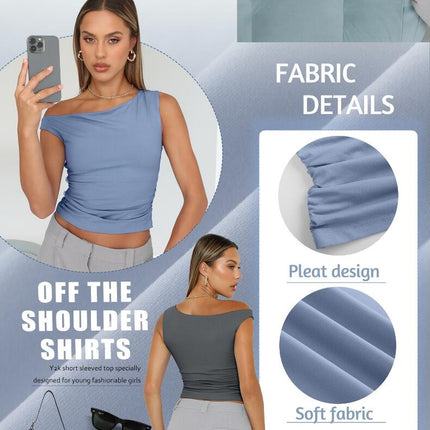 Women Sleeveless Off Shoulder Crop Top Slim Fit One Shoulder Ruched Crop Tank Tops