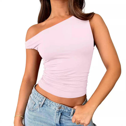 Women Sleeveless Off Shoulder Crop Top Slim Fit One Shoulder Ruched Crop Tank Tops